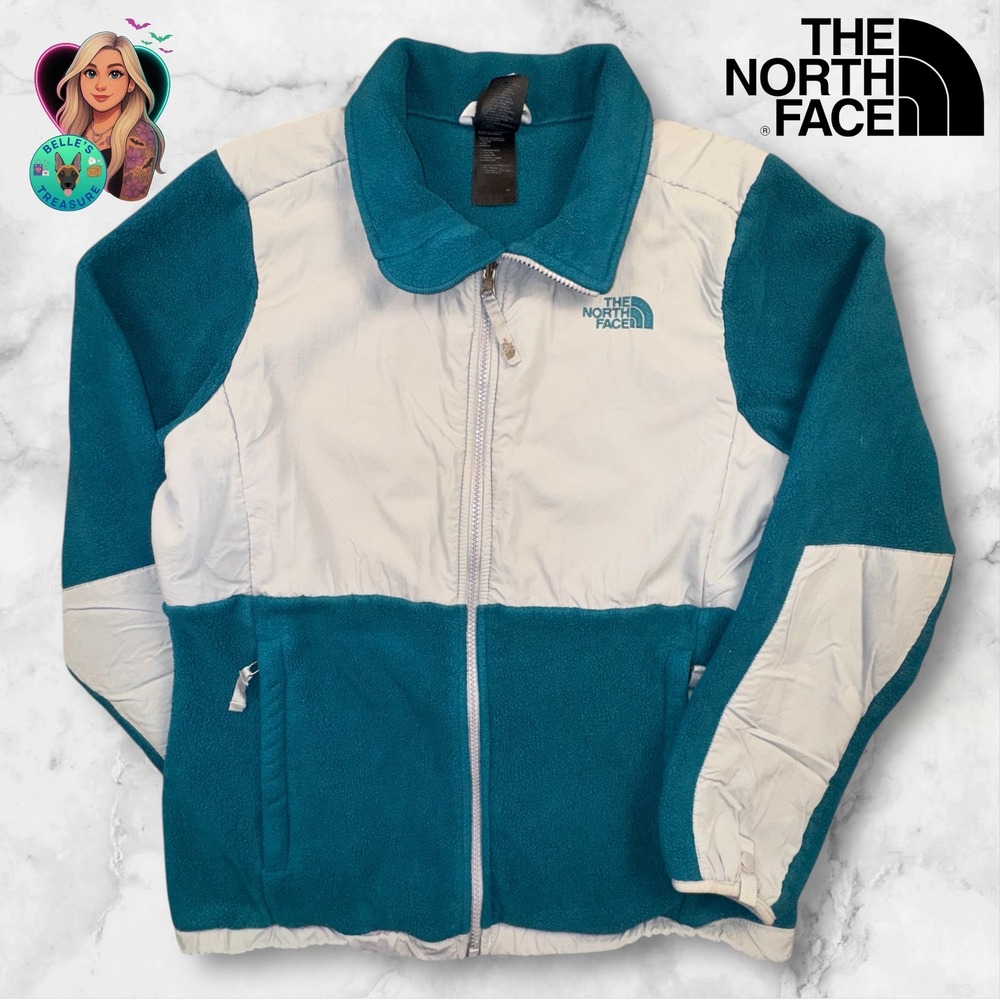 The North Face Girls XL 18 Denali Fleece Jacket Teal Green Gray Zip Up Cozy Warm